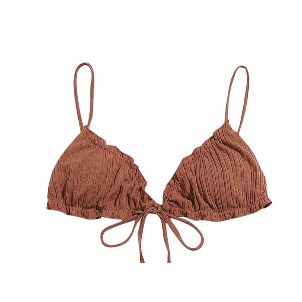 NEW Brown Ribbed Ruffle Bikini Top